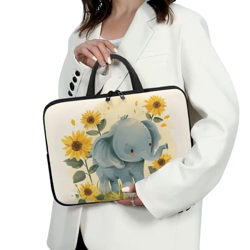 Cute Elephant Laptop Sleeve Case Sunflowers Water Resistant Laptop Cover Travel Business Computer Cover Carrying Bag Messenger Bag with Handle, 15 Inch Laptop Bag for Women - color: Cute Elephant Sunflowers, size: 15inch