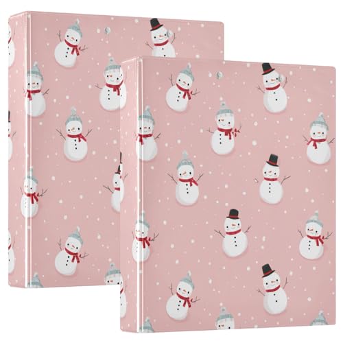Fustylead Lovely Xmas Snowmen on Pink 3 Ring Binder, D-Rings 1.5" Hardcover Folder, Fits 200 Sheets of A4 Paper, Durable Clipboard & Clean View with Inside Pockets for School Home Office - size: 12.4x10.63x2.36 Inch-2 Pack