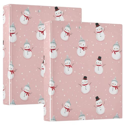 Fustylead Lovely Xmas Snowmen on Pink 3 Ring Binder, D-Rings 1.5" Hardcover Folder, Fits 200 Sheets of A4 Paper, Durable Clipboard & Clean View with Inside Pockets for School Home Office - size: 12.4x10.63x2.36 Inch-2 Pack