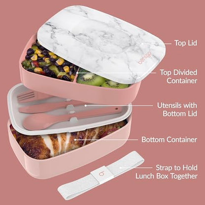 Bentgo Classic - Adult Bento Box, Stackable 3-Compartment Lunch Box with Removable Utensil Set and Sealing Strap, BPA-Free, Food Container Ideal for Meal Prep, Work, and On the Go (Blush Marble) - color: Blush Marble