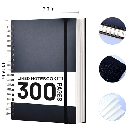 Yoment B5 Spiral Notebook,300 Pages College Ruled Lined Journal,Hardcover | 100GSM thick paper,7 x 10 inches Black hardcover with lay-flat binding and inner pocket for school,office,work,study - color: Black