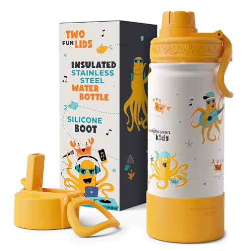 Bentoheaven Kids Water Bottle Stainless Steel for Boys & Girls, Orange | Reusable 17 oz insulated metal tumbler with 2 lids (chug and straw), leakproof design, silicone boot for school and sports. - color: Orange Gray