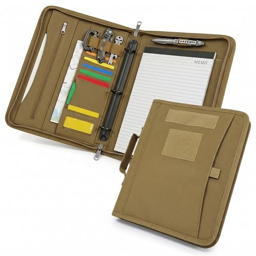Tactical Notebook Cover, A4 Padfolio with Detachable 3-Ring Ring Binder, Multi-Pocket Organizer & Hand Strap, Zippered Hardcase Planner(Khaki, A4(13.8 x 12 inches)) - color: Khaki, size: A4
