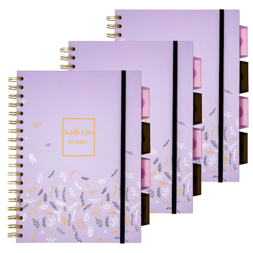 Pukka Pad 5 Subject Spiral Notebook 12-Pack - 200 Pages, 100 Sheets of 80GSM Paper with Repositionable Dividers & Perforated Edges for School & Office - B5-7 X 10, Purple, Squared - color: Rochelle & Jess Squared