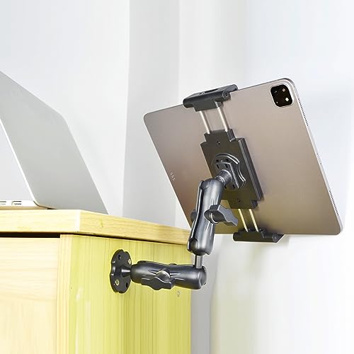 VAUBORTTI Aluminum Heavy-Duty Dual Arm Tablet Mount with 4-Point 360° Rotation Drill Base - Fits 6.5"-12.9" Tablets (iPad, Galaxy Tab, Surface) - Versatile Mounting for Homes, Businesses, Vehicles