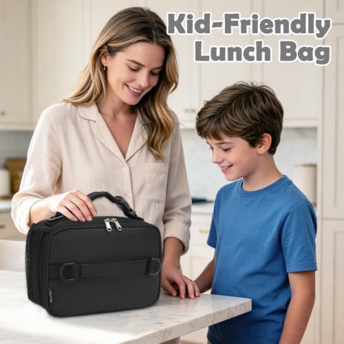 FlowFly Kids Lunch Bag, Durable Insulated School Lunch Box with Shoulder Strap and Bottle Holder, Water-resistant Thermal Small Lunch Cooler Tote for Teen Boys & Girls,Black - color: Black