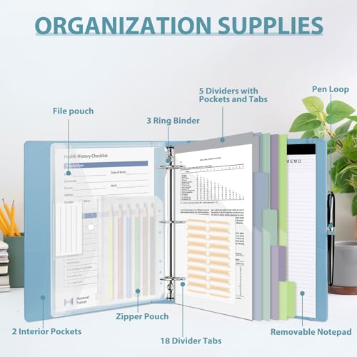 3 Ring Binder with Clipboard,2 Inch Binders with Notepad&5 Dividers with Pockets, Labels,PU Clipboards for School Office(Blue,Letter Size) - color: Blue, size: Letter Size -2 Inch