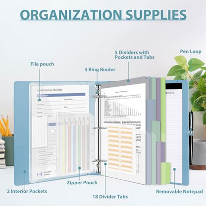 3 Ring Binder with Clipboard,2 Inch Binders with Notepad&5 Dividers with Pockets, Labels,PU Clipboards for School Office(Blue,Letter Size) - color: Blue, size: Letter Size -2 Inch