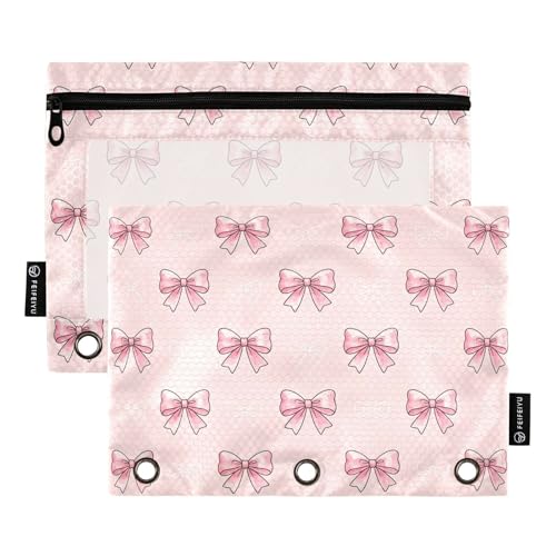 Pencil Pouch 3 Ring Bows Pink Color Zipper Pencil Pouches Case Binder Cosmetic Bag 2 Pack for Office School College Supplies - color: Bows Pink Color