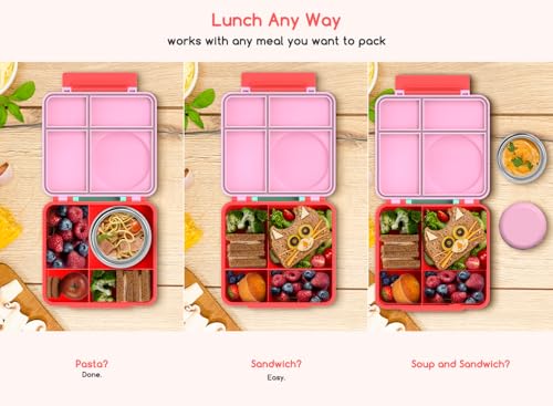 Bento Box for Kids - Leak-Proof Bento Lunch Box with Insulated Thermo Food Jar - 4 Compartments, 1 Removable Divider, 1 Spoon, 1 Fork - Dishwasher Safe, BPA-Free (Pink) - color: Pink