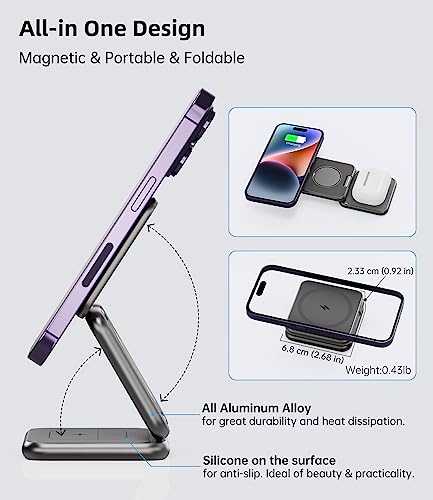 Foldable Magnetic Wireless Charger, KU XIU X40 Aluminum Alloy 3 in 1 Charging Station for Apple, Fast Magnetic Charger Stand for iPhone 17 16 15 14 13 12 Series, 5W for iWatch, AirPods 3/2/Pro, Gray - color: Gray