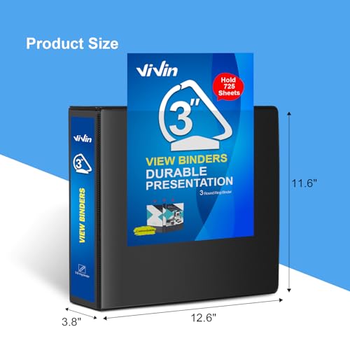 ViVin Durable 3 inch D Ring View Binder, Large 3" Slant-D Ring with 725-Sheet Capacity, Fit 8.5" x 11" Paper, 6 Pack(Black) - color: Black, size: 3 Inch, style: 6 Pack