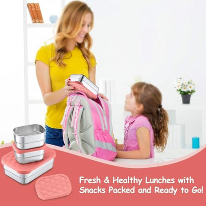 Homikit 3 Pack Kids Lunch Box Set, 18/10 Stainless Steel Bento Boxes with Silicone Lids Leak Proof, 5 Cups Reusable Metal Food Snack Containers for School Daycare, Nontoxic & Dishwasher Safe, Pink - color: Pink, size: Medium