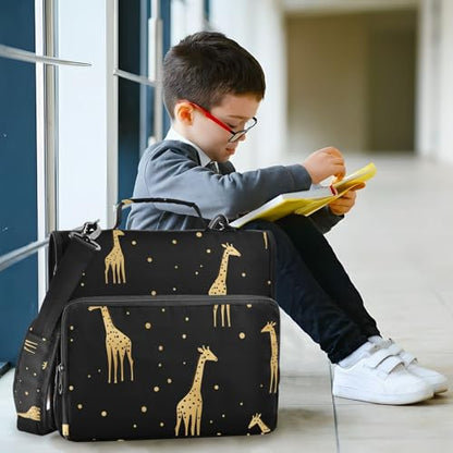 3 Ring Zipper Binder with Shoulder Strap Gold Giraffe Black 1.5 inch Binders Keeper Large Capacity Multi Pockets for School Office Supplies