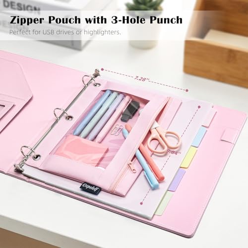 Ospelelf Pink Leather Binder with Magnetic Clipboard, 1 Inch Binders 3 Ring with Storage Zipper Pouch, Pocketed Dividers, Professional Clipboard Folder for School Office Nursing - color: Pink
