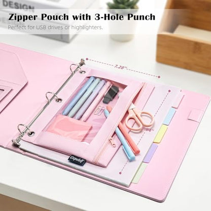 Ospelelf Pink Leather Binder with Magnetic Clipboard, 1 Inch Binders 3 Ring with Storage Zipper Pouch, Pocketed Dividers, Professional Clipboard Folder for School Office Nursing - color: Pink