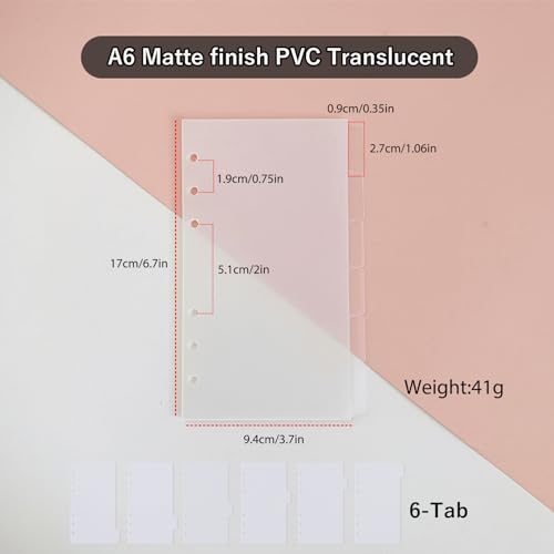 DY.2ten Clear 6-Tab Dividers for 6 Ring Binder, A6 Index, 6 Hole Sturdy Plastic Insertable Notebook Planner Tabs