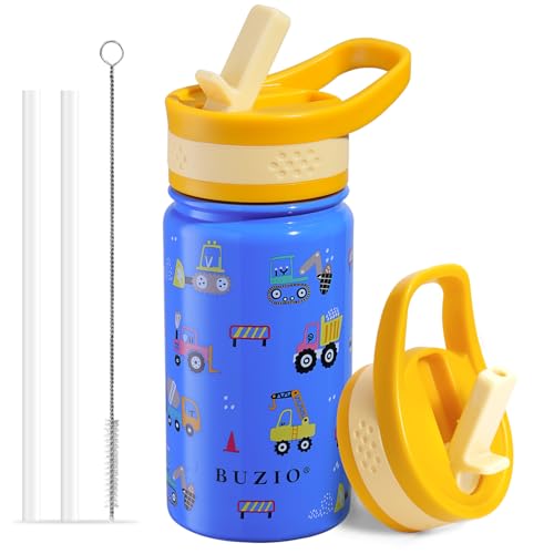 BUZIO 14 oz Kids Water Bottle with Straw Lid, Vacuum Insulated Stainless Steel Metal Thermo Bottles for Toddlers Girls Boys Leak Proof BPA-Free & Lead-Free Flask for School, Blue Construction Car - color: Blue Car