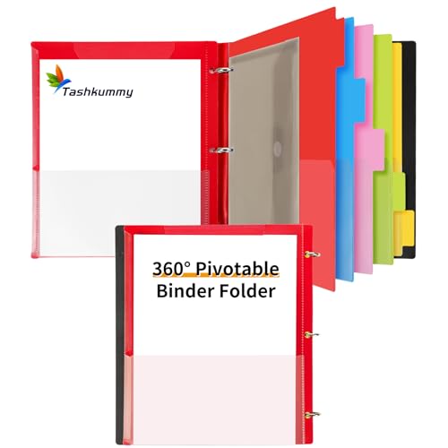 360° Pivotable Project Organizer Binder, 3 Ring Binder with Colored Tab Dividers with Pockets, Customizable Front Cover Multi Pocket Folder Binders for Home, School, Office- Red - color: Red, size: 1 PCS