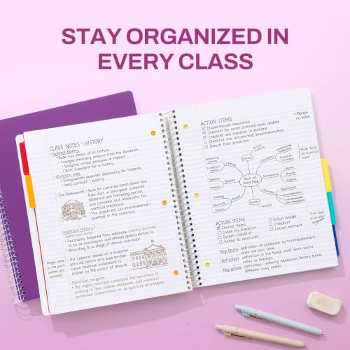 SUNEE 5 Subject Notebook College Ruled - 400 Pages, 9"x11", 5 Pocket Colored Dividers, 3-Hole Punched Paper, Dark Purple - color: Dark Purple, style: College Ruled
