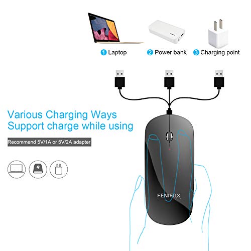 FENIFOX Wireless Bluetooth Mouse, Ultra-Thin Flat and Slim Silent USB-C Rechargeable Travel Mini Portable Mouse for Mac iPad Laptop MacBook Tablet Chromebook - Black - color: Black