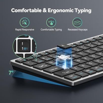 TECKNET Bluetooth Keyboard Rechargeable, 4-Device (2.4G+3BT) Wireless Keyboard, Small Ultra-Slim Keyboard, 14 Hotkeys Computer Keyboard for PC/Laptop/Tablet/iPad, Sliver-Black - color: Sliver-black