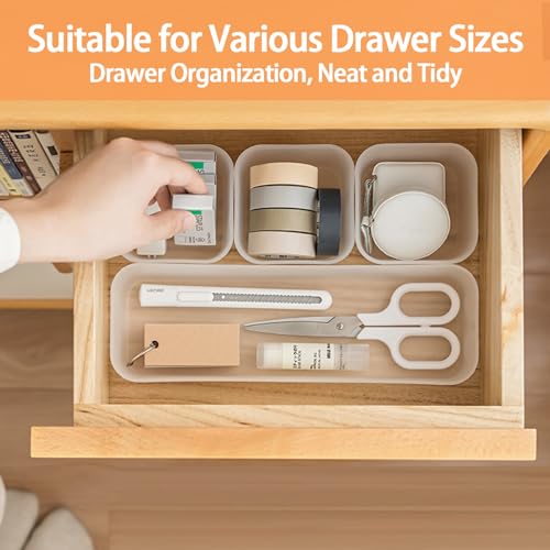5PCS Frosted Plastic Drawer Organizers Set, 4 Sizes Desk Drawer Divider Organizers and Storage Bins Separation Box for Makeup, Jewelries, Gadgets, Bathroom, Kitchen, Office, Bedroom, Dresser