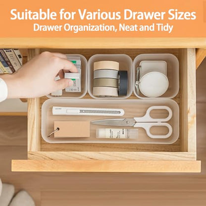 5PCS Frosted Plastic Drawer Organizers Set, 4 Sizes Desk Drawer Divider Organizers and Storage Bins Separation Box for Makeup, Jewelries, Gadgets, Bathroom, Kitchen, Office, Bedroom, Dresser