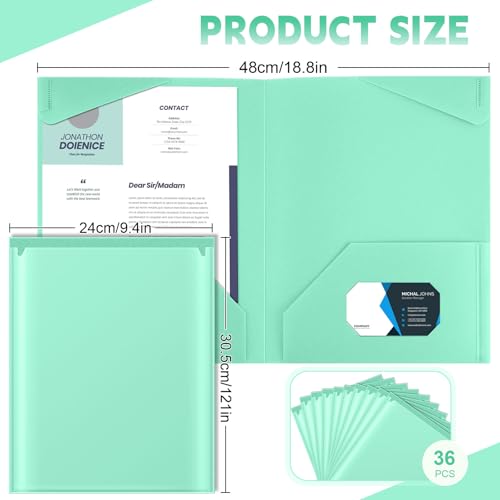 Henoyso 36 Pack Light Green Plastic Folders with Clear Front Pockets Heavy Duty File Folders with 2 Pockets and Card Slot for Student Communication School Office Presentation Report - color: Light Green