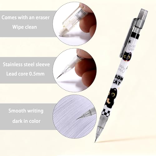 6 Pcs Black Cute Cat Mechanical Pencils with Eraser 0.5mm Kawaii Cartoon Cat Mechanical Pencil School Pencil Cat Gifts for Women Man - style: 1 black kawaii cat