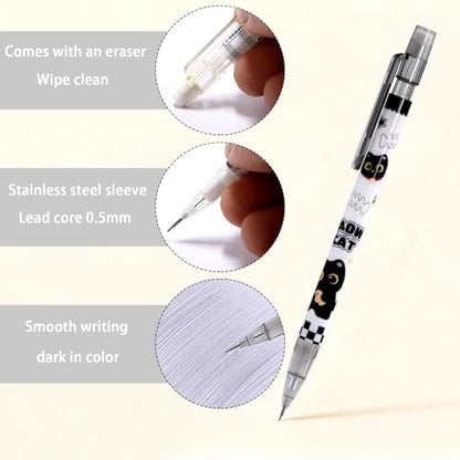 6 Pcs Black Cute Cat Mechanical Pencils with Eraser 0.5mm Kawaii Cartoon Cat Mechanical Pencil School Pencil Cat Gifts for Women Man - style: 1 black kawaii cat
