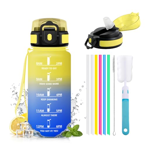 500ml Water Bottle with Straw, Reusable Water Bottle with Time Marker, Leak-proof Water Bottle for School, Office, Sports, Students, Office, Sports, Gym - color: 500ml-yellow + Royal Blue, size: 16.9 Ounces