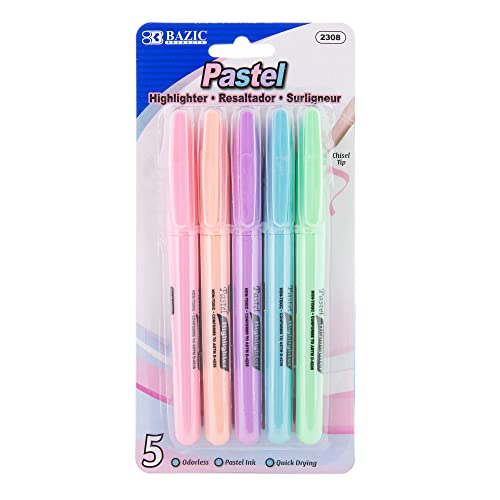 BAZIC PRODUCTS Pen Style Pastel Highlighters, Chisel Tip, Clip, 24-Box | Quick-dry, assorted pastel pen-style highlighters, pocket clip, non-toxic ink, ASTM D-4236, odorless - color: Pastel, size: 1 Count (Pack of 24)