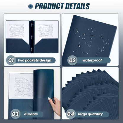 Yeaqee 30 Pcs Plastic Folders with Pockets and Prongs Plastic Folder 2 Pockets 3 Prongs with Card Slot for Office, School for Students, Teachers, Office Workers (Navy Blue) - color: Navy Blue