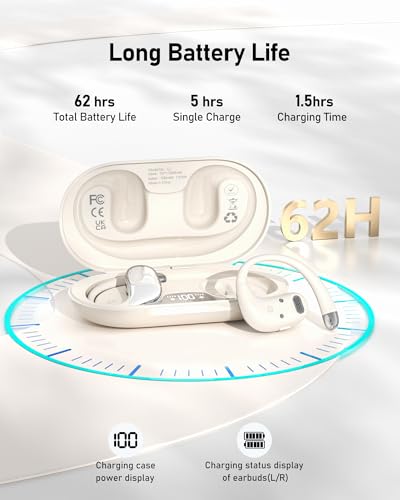 Open Ear Headphones Bluetooth 5.4, 62H Playtime, Air Conduction Wireless Earbuds with Ergonomic Earhooks, ENC Mic,IPX5,Physical Buttons, Comfort-Fit for Running, Cycling, Workouts - color: White