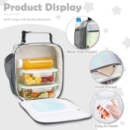 FlowFly Kids Lunch box Insulated Soft Bag Mini Cooler Back to School Thermal Meal Tote Kit for Girls, Boys(Holographic) - color: Holographic