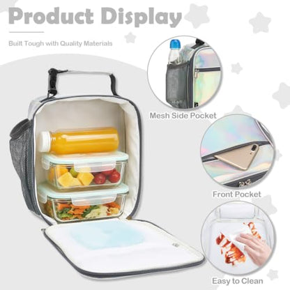 FlowFly Kids Lunch box Insulated Soft Bag Mini Cooler Back to School Thermal Meal Tote Kit for Girls, Boys(Holographic) - color: Holographic