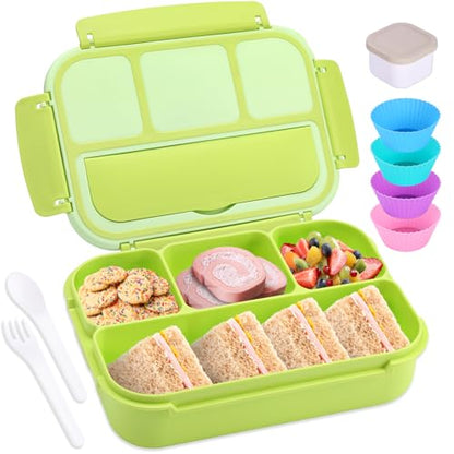 shell and turtle Bento Box Adult Lunch Box, Lunch Containers for Kids Girls Boys with 4 Compartments, Lunchable Food Container with Utensils, Sauce Jar, Muffin Liners, 40 Oz/5 Cup, Bright Green - color: Bright Bright Green