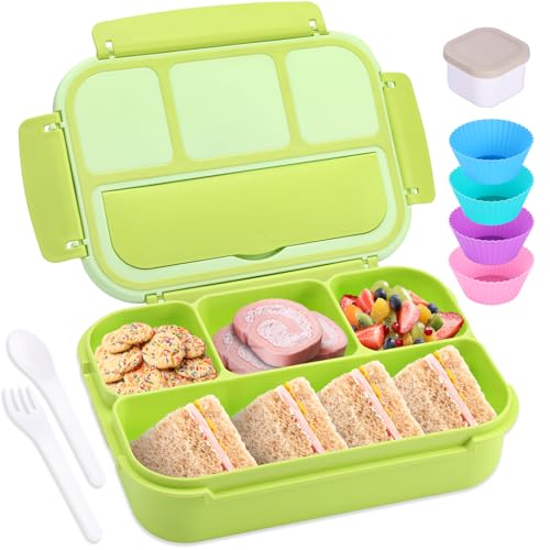 shell and turtle Bento Box Adult Lunch Box, Lunch Containers for Kids Girls Boys with 4 Compartments, Lunchable Food Container with Utensils, Sauce Jar, Muffin Liners, 40 Oz/5 Cup, Bright Green - color: Bright Bright Green