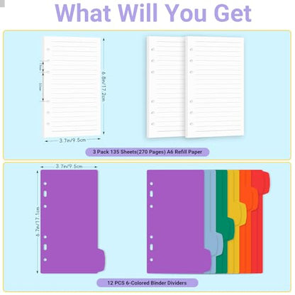 Antner A6 Lined Refill Paper 6-Hole Planner Inserts for A6 6-Ring Refillable Notebook Binder, 135 Sheets/270 Pages Wide Ruled Loose Leaf Filler Paper with 12 PCS Binder Dividers for Journal Notes - color: Lined Paper
