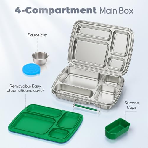 Stainless Steel Bento Box for Kids, Kids Lunch Box with 4-Compartment, Metal Lunch Box with Silicone Container & Sauce Cup, Durable Lunch Box Containers for School and Office(Green) - color: Green