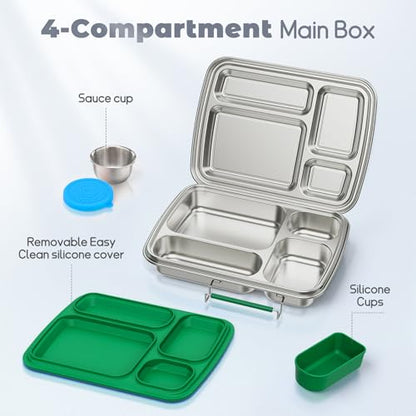 Stainless Steel Bento Box for Kids, Kids Lunch Box with 4-Compartment, Metal Lunch Box with Silicone Container & Sauce Cup, Durable Lunch Box Containers for School and Office(Green) - color: Green