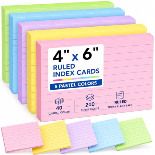 Index Cards 4x6, 200 Count Colored Flash Cards, Lined Flashcards Notecards | Note Cards for Studying, 180GSM Study Card, , School Supplies, 5 Pack of 40 - color: 5-Color, size: 4x6 Inch