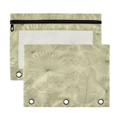 Blueangle Tropical Leaf Line Art Pencil Pouch for 3 Ring Binder, 2 Pack Clear Window Zipper Pencil Bags for Office