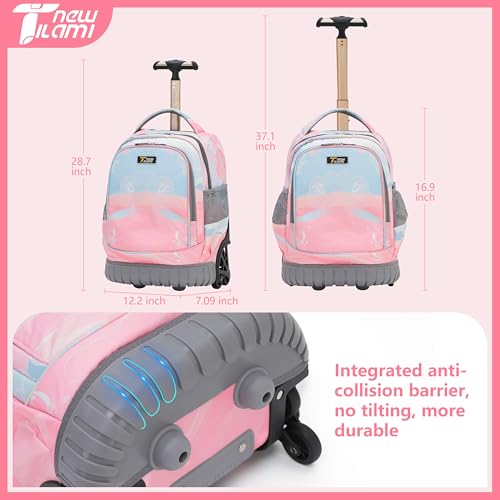 NEW TILAMI 16 Inch Rolling Backpack with Lunch Bag for Kids Adjustable Handle Carry-on Suitcase Wheels for Girls Boys School Travel Camping, Pastel Pink - Blue - color: Pastel Pink - Blue