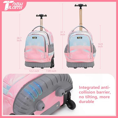 NEW TILAMI 16 Inch Rolling Backpack with Lunch Bag for Kids Adjustable Handle Carry-on Suitcase Wheels for Girls Boys School Travel Camping, Pastel Pink - Blue - color: Pastel Pink - Blue
