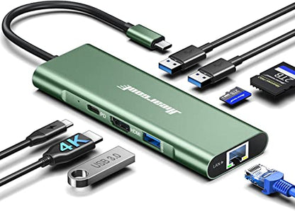 Hiearcool USB C Hub, USB C Dock with Ethernet, 4K@60 HDMI, Green - color: Green