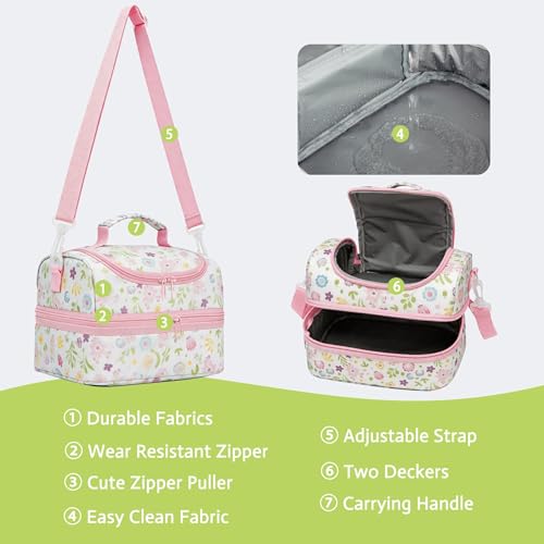 Insulated Kids Double Decker Lunch Bag Tote Pack for Girls Boys Toddler Kindergarten School Picnic Food Cooler Hot Water Ice with Strap Floral - color: Cute Flowers