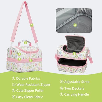 Insulated Kids Double Decker Lunch Bag Tote Pack for Girls Boys Toddler Kindergarten School Picnic Food Cooler Hot Water Ice with Strap Floral - color: Cute Flowers