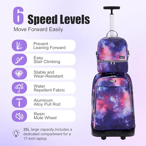 NEW TILAMI 19 inch Rolling Backpack Teens Rolling Backpack Cute Wheeled Laptop Backpack Bookbag Roller Travel Bag College, Starry Purple - color: Purple Starry
